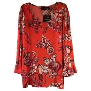 Attitudes by Renee Coral White Purple Bold Floral Bell Sleeve Top Size 3X New